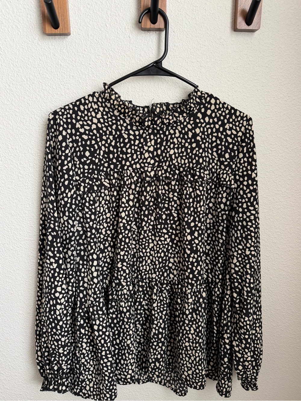 Black and Cream Long Sleeve Ruffle Neck Blouse